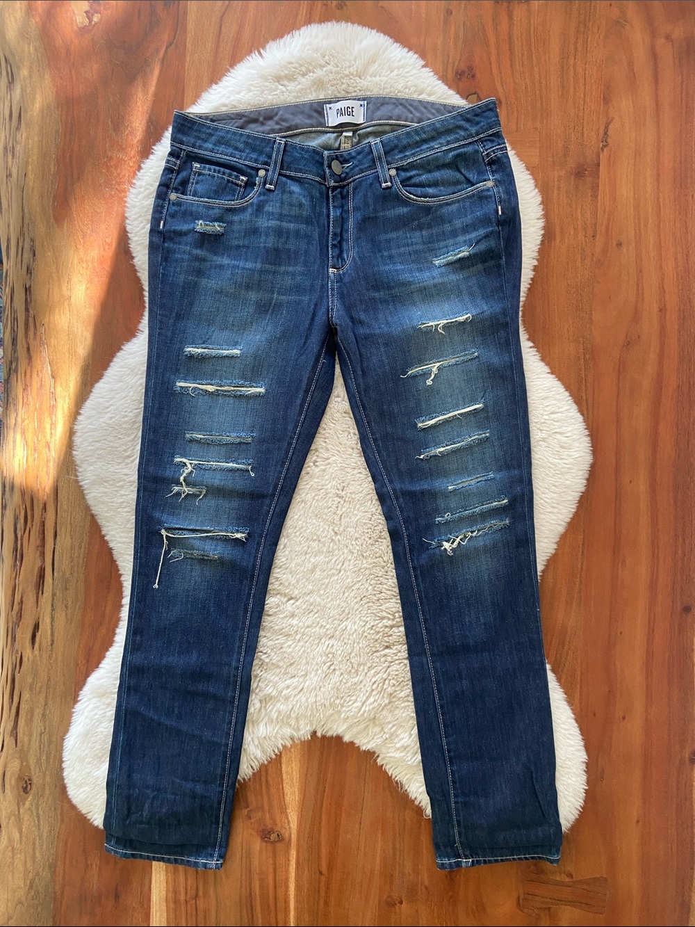 Paige ankle jean Reggie destroyed ripped cropped blue mid rise denim distress 27